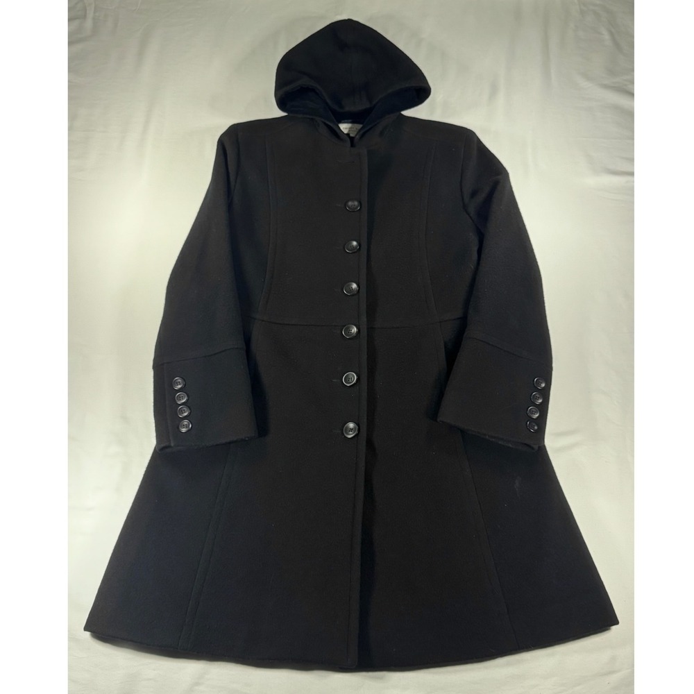 Albert Nipon Studio Black 100% Wool Hooded Coat Velvet Trim Size 10 711632